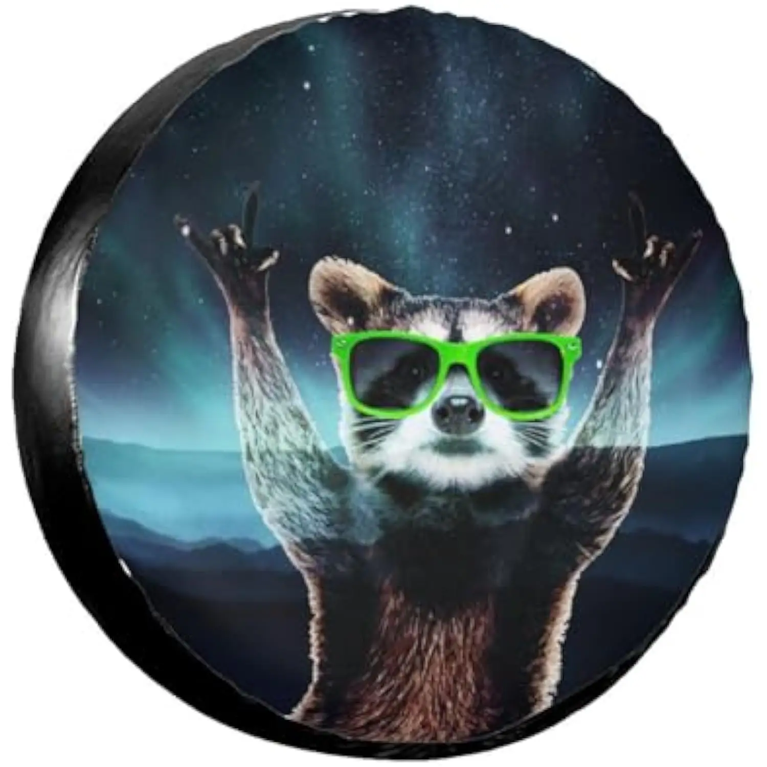 

Raccoon Rock Sign Spare Tire Cover Aurora Night Sky Wheel Protector Waterproof Fabric for RV SUV Camping
