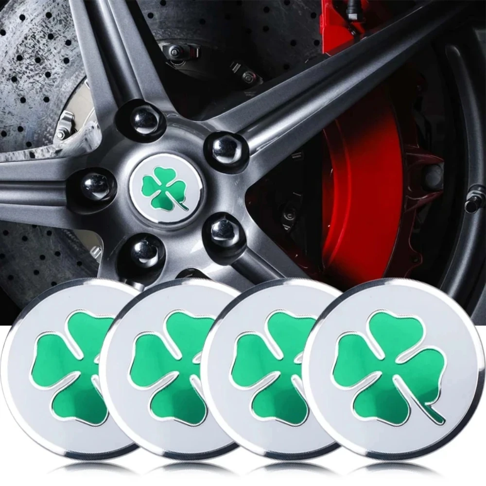 4pcs 56mm Four Leaf Clover Emblem Logo Car Stickers Car Wheel Center Hub Cover Cap Badge Accessories For Alfa Romeo Golf Polo