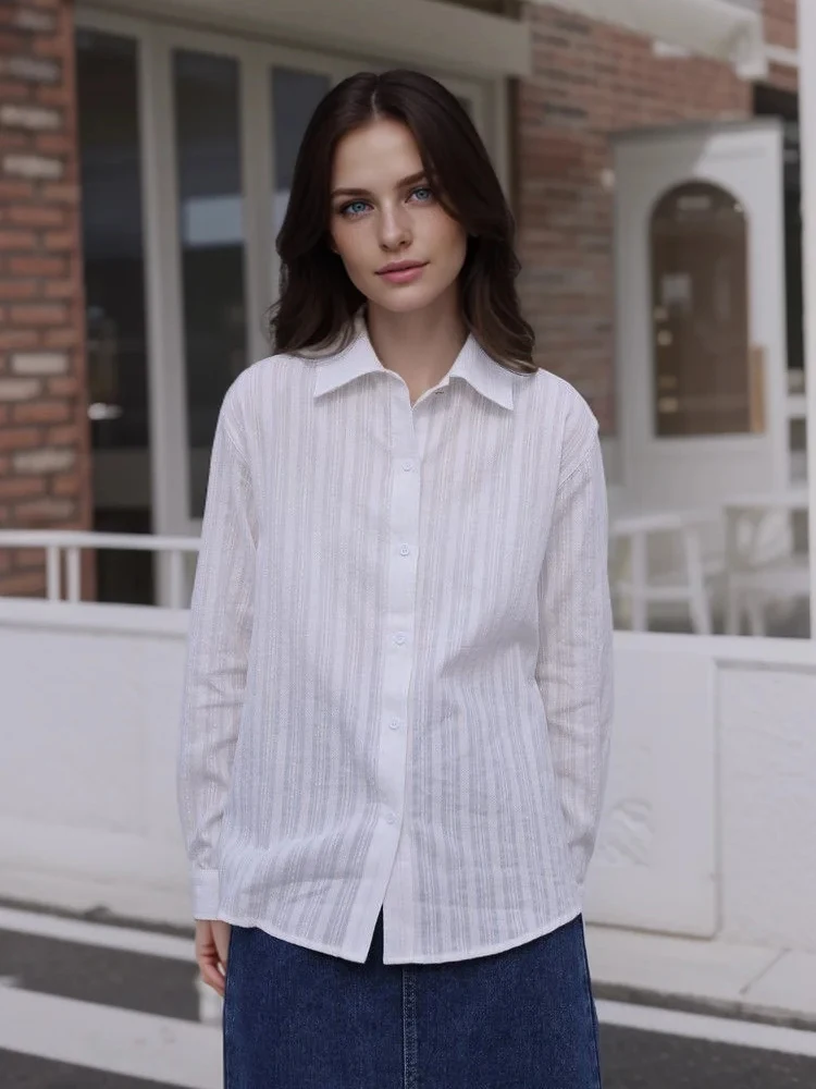 2025 Spring New Office Lady Women White Cotton Shirt Striped Button Up Work Blouse Turn-Down Collar Button Female Clothing Tops