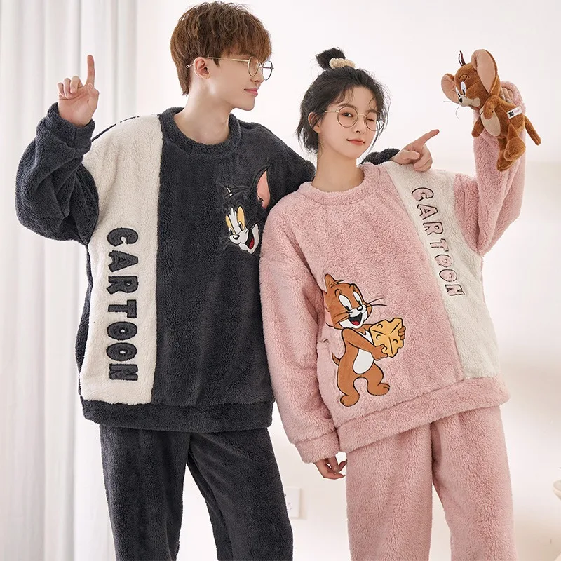 Tom and Jerry Couple Plus-size Fleece Pajama Set Warm Comfortable Bedroom Dormitory Home Clothes Holiday Gift Cute Girl Cartoon