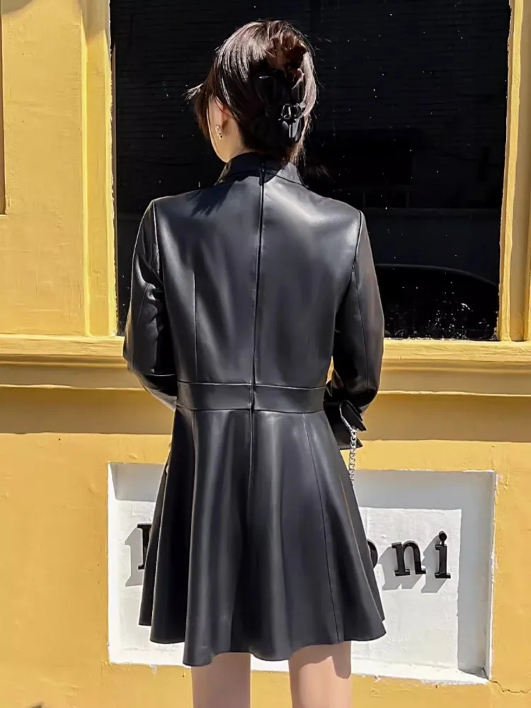 Spring New Women Long Sleeve Stand Collar Sheepskin Genuine Leather Dress Punk Style Ladies Slim Waist A Line Ladies Mini Dress