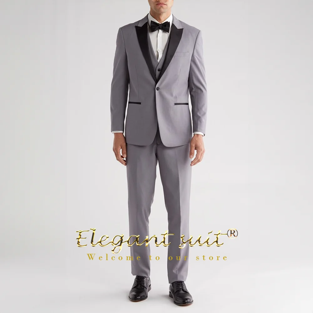

Men's grey suit 3 piece suit (jacket vest and trousers) Men's black shawl collar single button suit custom wedding banquet suit