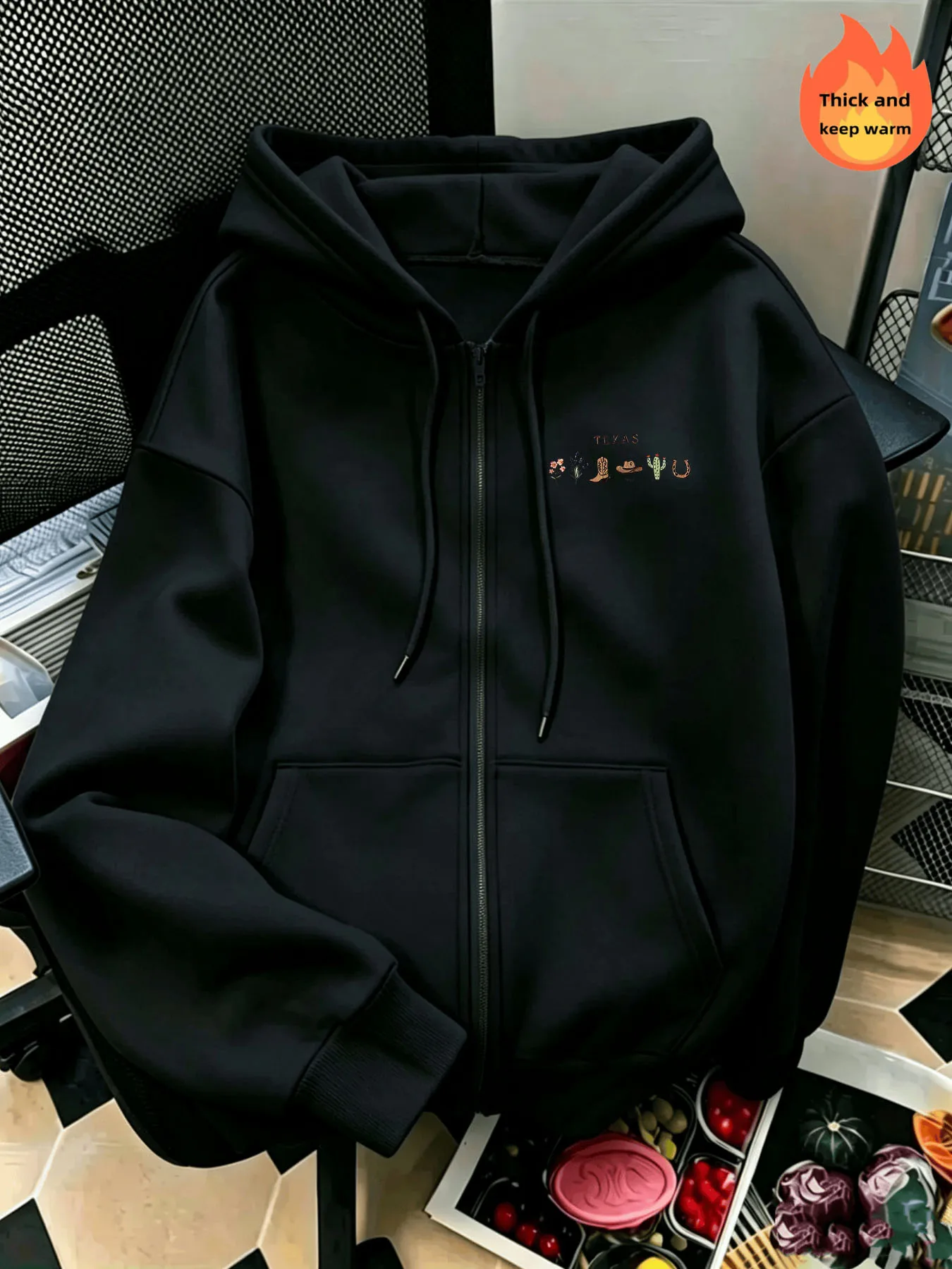 Western Cowboy Element Print Zip‑Up Hoodie, Casual Long Sleeve Sweatshirt, Knit Polyester Fabric for Autumn Winter.