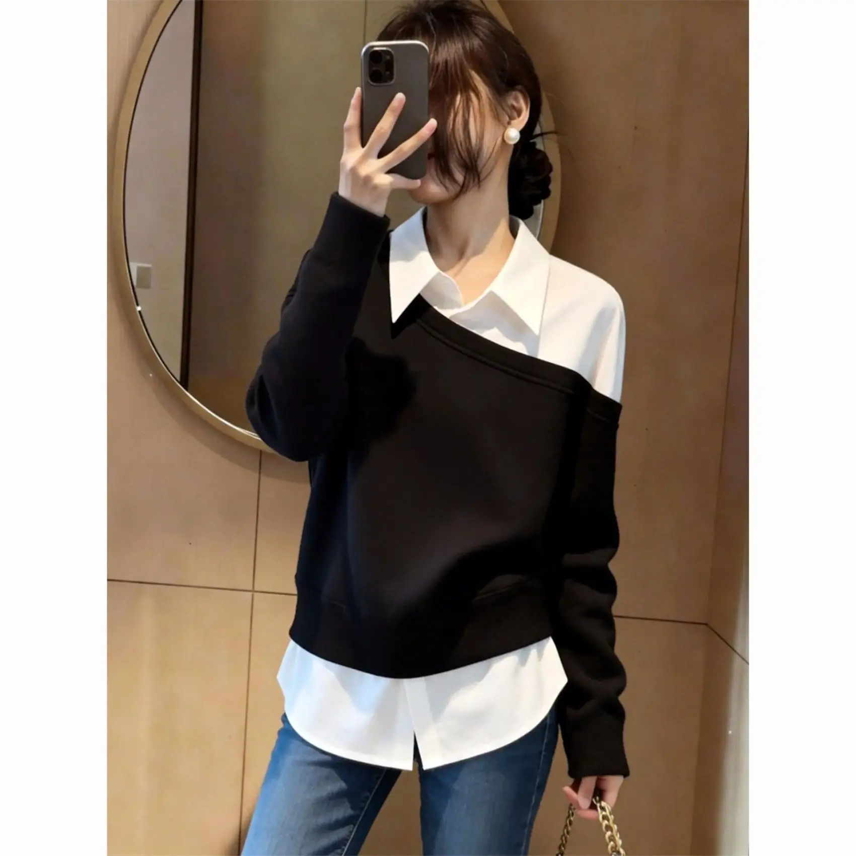 Kimotimo 2026 Spring New Women Fake Two‑piece Sweatshirt Color‑block Splicing Relaxed Versatile Temperament Long‑sleeve Tops