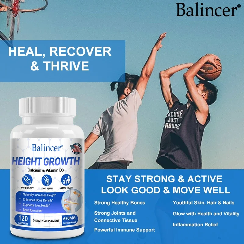 Height growth supplement contains calcium and vitamin D3 to help increase height, bone density, and joint health support