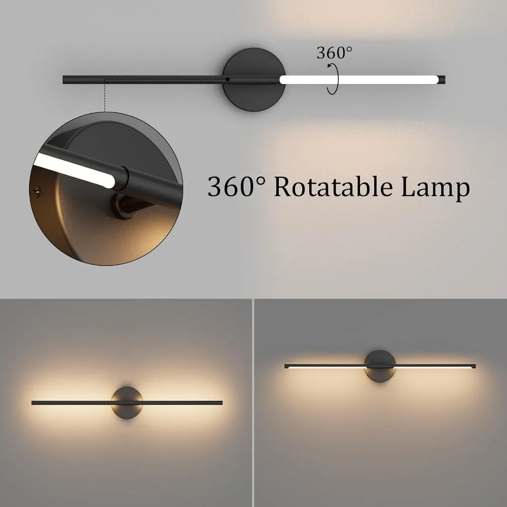 28in Black LED Wall Sconce Set 2, 3000K, 360° Rotatable for Living Room