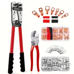 Battery Cable Lug Crimping Tool heavy-duty wire crimper with Cable Cutter and 60Pcs Copper Ring Terminals