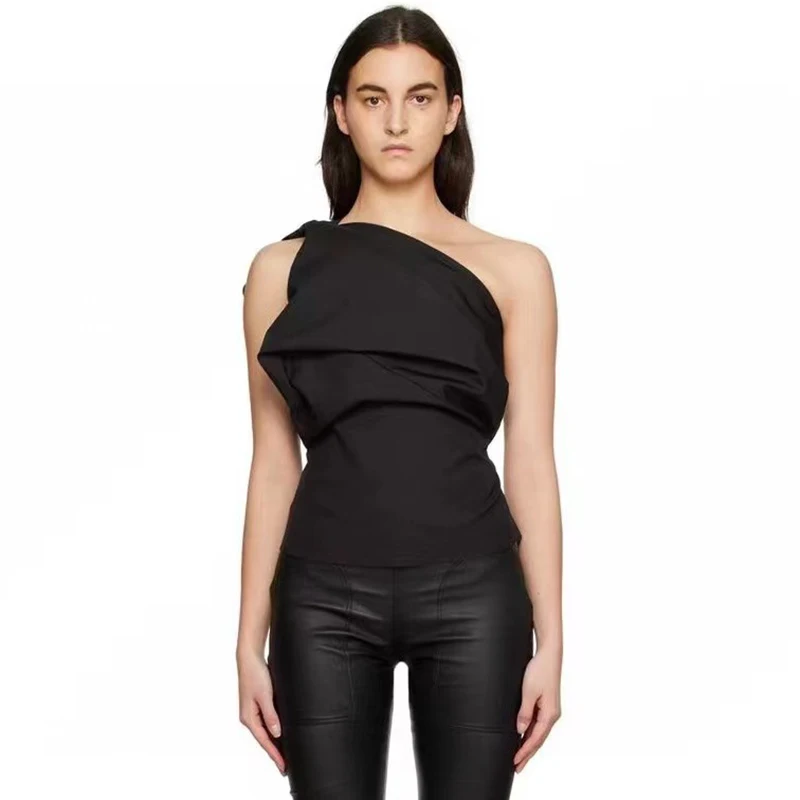 

Black One Shoulder Zipper Ruffle Women's Tops,High Quality Fashion Sexy Tank Top,High Street,y2k,Summer,New,2024