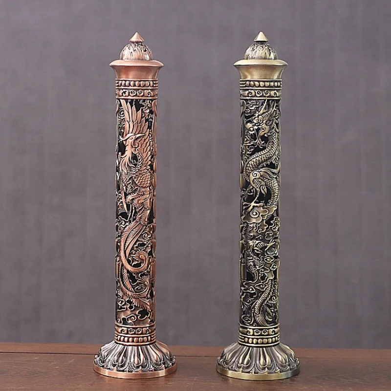 Retro Vertical Incense Burner Buddha Heart Sutra Dragon Phoenix Pillar Metal Incense Stick Home Office Ceremony Decoration