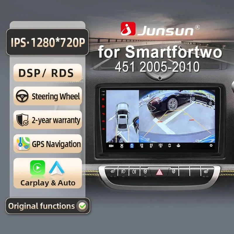 Junsun für Smart Fortwo 2005-2010 9 Zoll 4GB 64GB Android 13 Autoradio GPS Navigation Carplay DSP Bluetooth FM Lenkradbedienung Unterstützung USB AUX Eingang Rückfahrkamera Bereit 1080P Video Split
