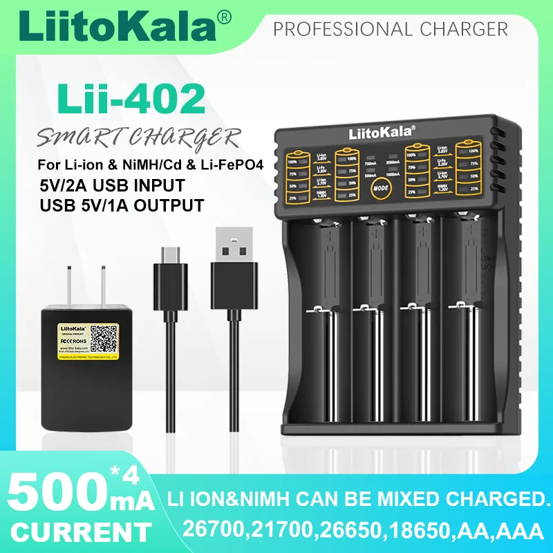 Liitokala 202 402 1.2V 3.85V 3.7V 3.2V 18650 18350 18500 21700 26700 26650 AA AAA NiMH Rechargeable Lithium-Battery Charger