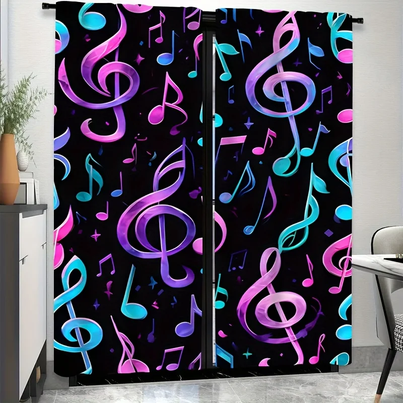 2Pcs Neon Treble and Bass Clef Music Notes Blackout Curtains for Bedroom Music Studio Party Home Decor