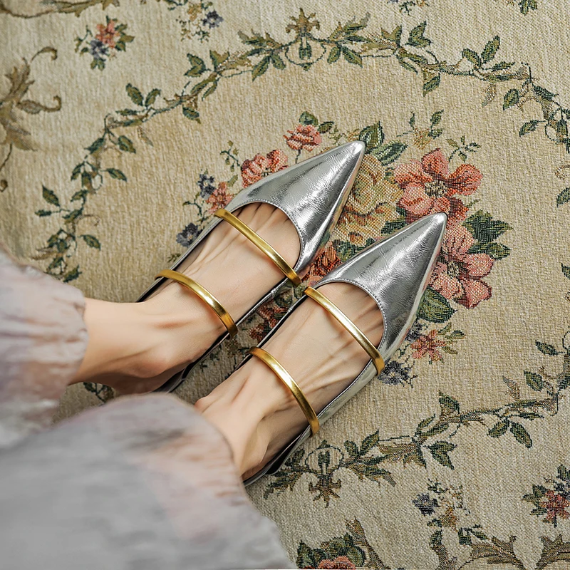 PYUXD 2024 New Women Low Heel Split Leather Flat Slides Ladies Outdoor Pointed Toe Mixed Colors Casual Slippers Zapatillas Mujer