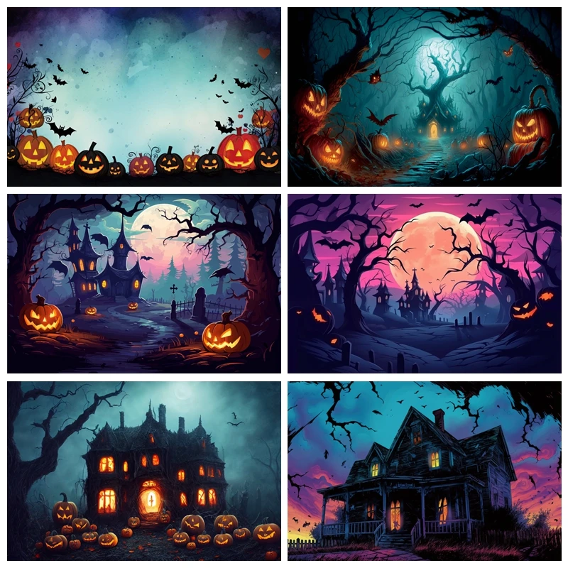 

Halloween Photography Backdrop Horror Night Moon Scary Misty Forest Castle Wooden Board Pumpkin Kids Portrait Photo Background