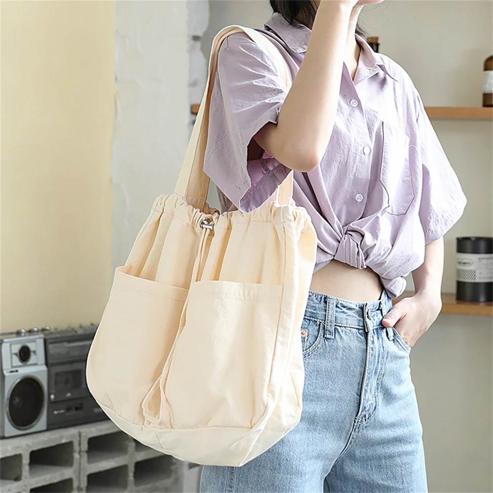 Canvas Drawstring Shoulder Bag High Capacity Camping Lunch Bag Women Solid Crossbody Bag Travel Draw Cotton String Bucket Bag