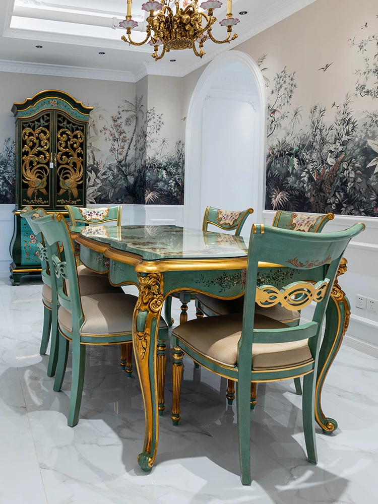 Rococo green square dining table, solid wood hand-painted carved with gold foil, French villa dining chairs