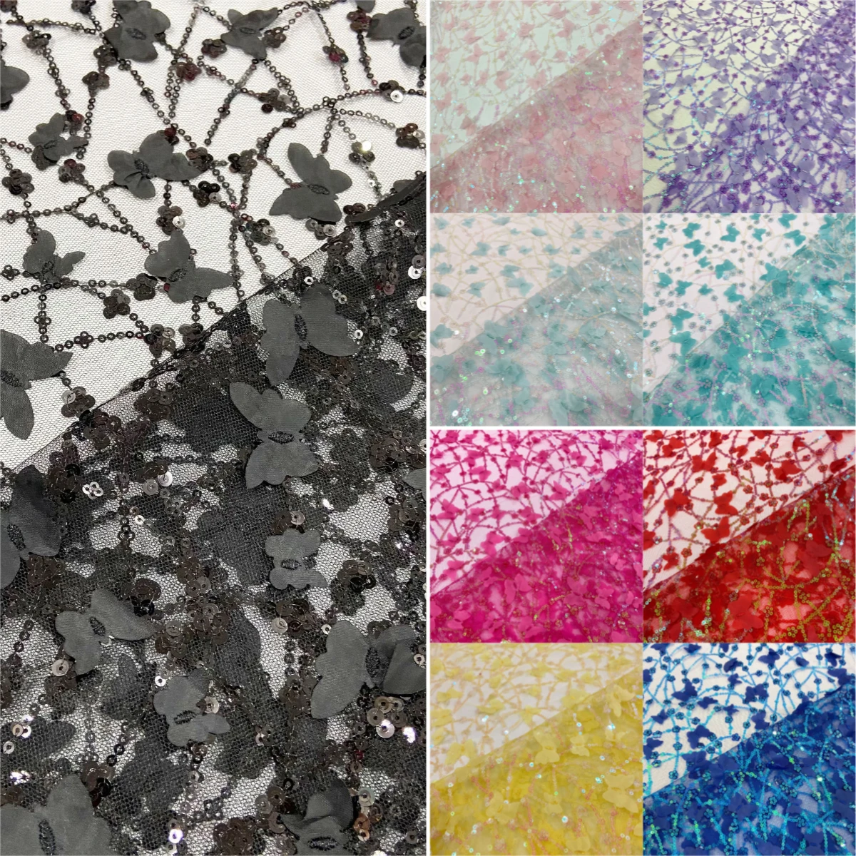 

9-color laser embroidery butterfly pattern mesh sequin embroidery fabric sewing evening dress children's clothing fabric