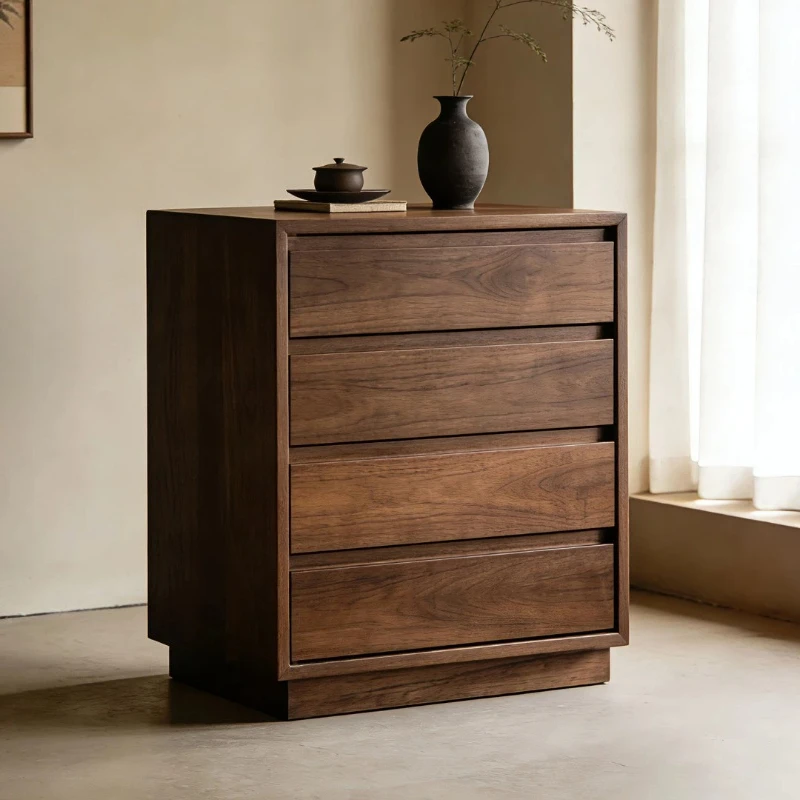 black walnut four-drawer cabinet for living room and bedroom, modern minimalist light luxury solid wood storage cabinet