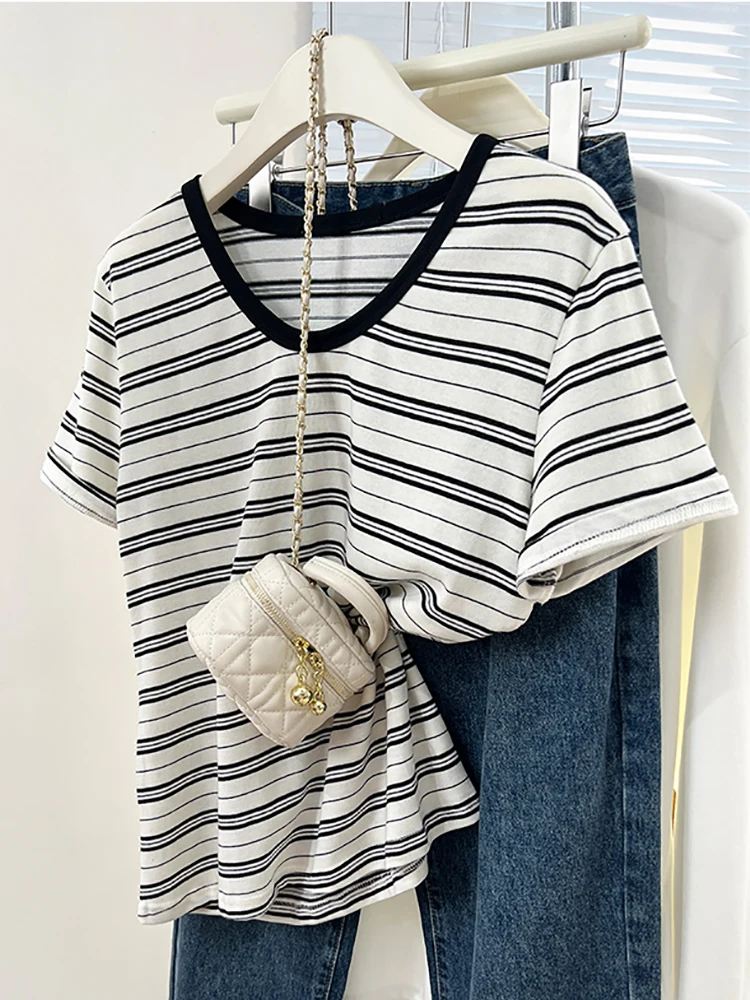Striped Cotton T-shirt Women Short Sleeve Tops Casual V Neck Basic Style Tee Shirt Female Fashion Woman Clothes Summer Tshirts