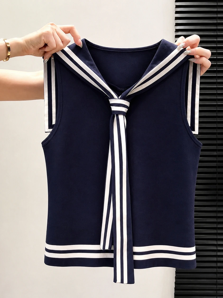 

Chic Korean Style Navy Collar Sleeveless Knitted Vest Commute Casual Summer Top Classy Small Shirt Straight Cut Silk Blend