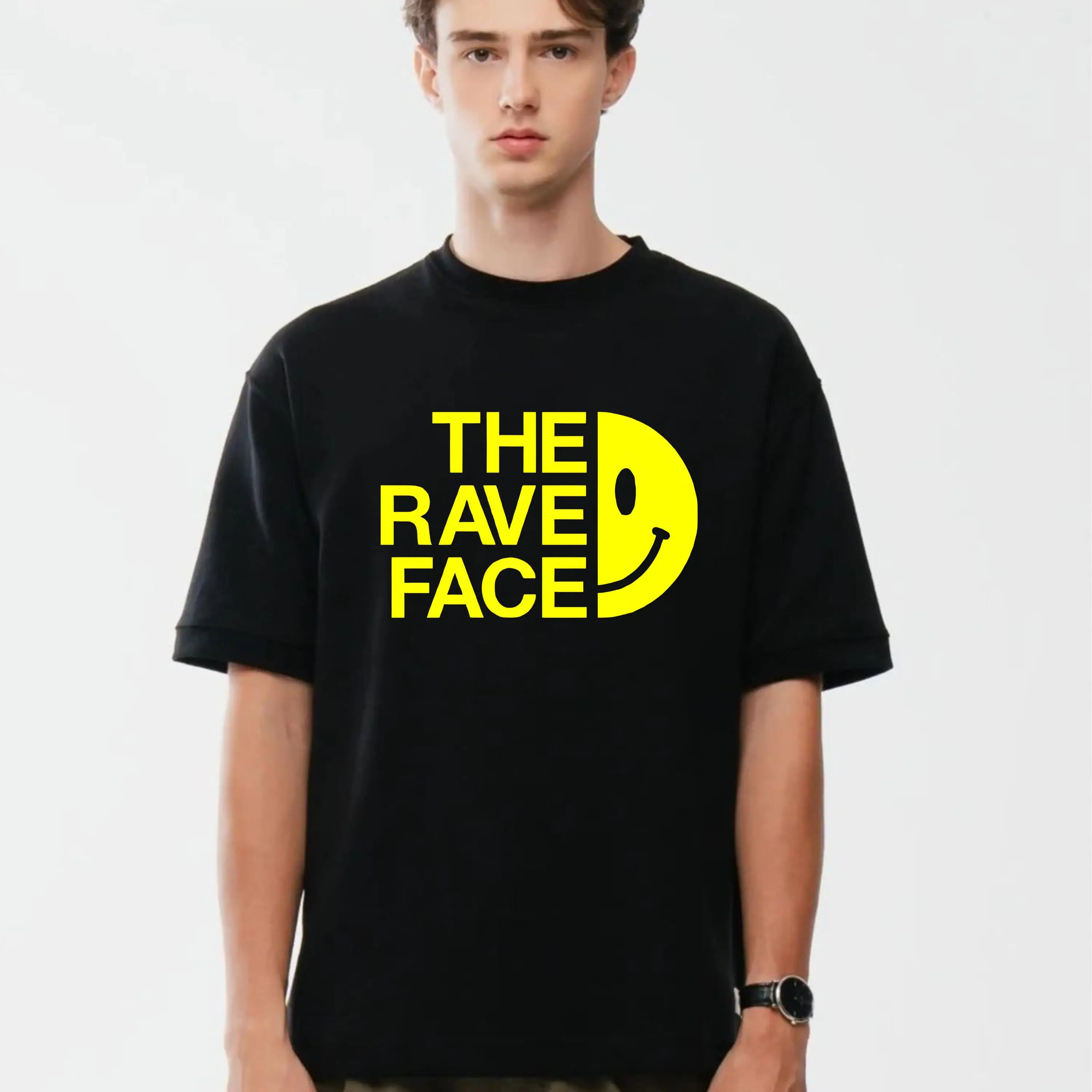 Rave Face Pattern T-shirt - Retro 90s Dance Music Culture Tech Club DJ Unisex Style. Cotton Fabric. Toy-like Gift T-shirt.