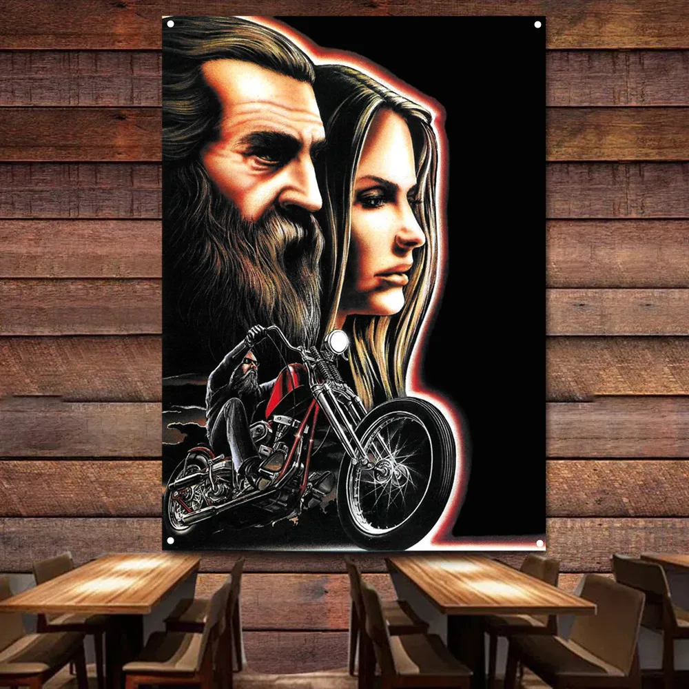 

Couple Riders Flag Banner Live Ride Poster Decor Mural Bikers Art Wall Sign Vintage Motorcycle Car Man Cave Bar Club Pub Garage