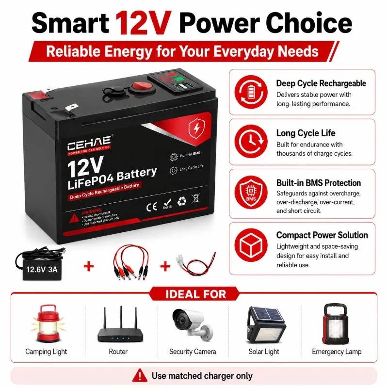 2026 12V 50Ah LiFePO4 Battery for Solar Street Light LED Emergency Lamp Camping Light Monitoring Device Outdoor Power Battery