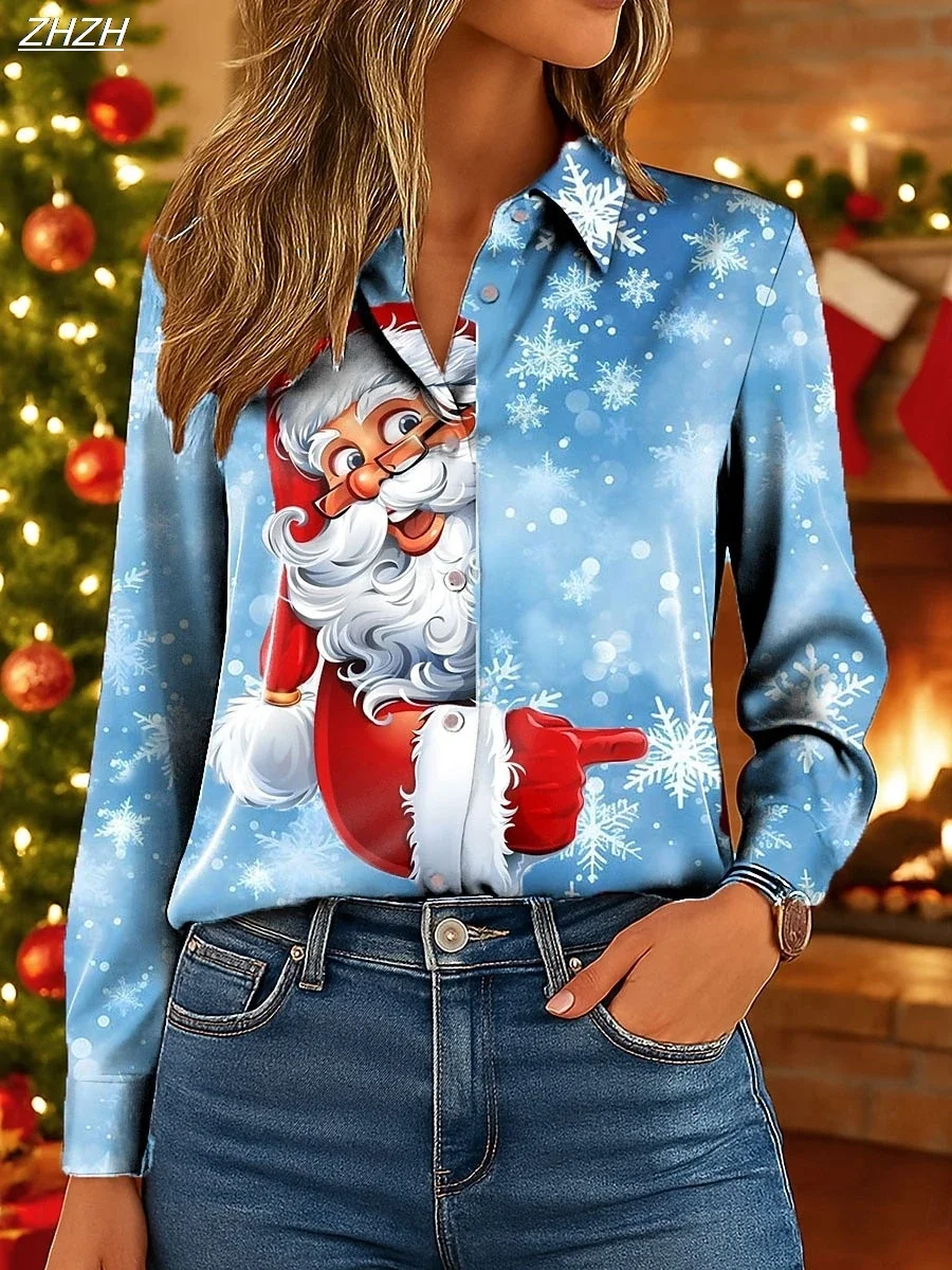 Christmas Women's Shirt Graphic Santa Claus Elegant Vintage Tropical Long Sleeve Shirt Collar Regular Tops Daily Holiday Winter
