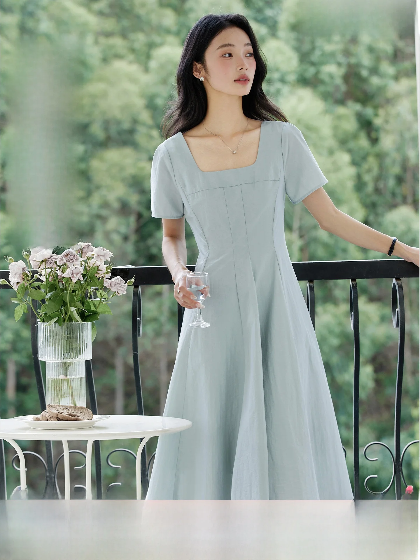 

Water Blue Short Sleeve Square Collar Slimming Long Dress Women's Summer New Style Casual High Waist Cotton Blend Dress