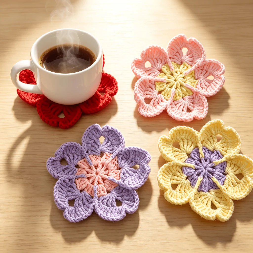 4pcs Hand Crochet Cherry Blossom Coasters, Japanese Lolita Style, Desktop Anti-Slip Pads Souvenirs