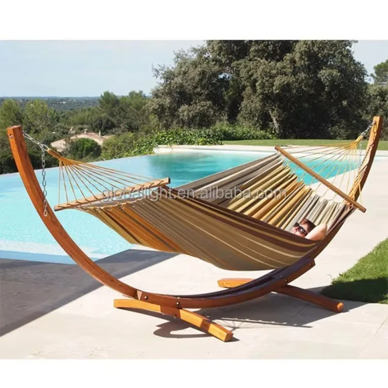 2026 13FT Garden Patio Assembled ARC Double Cotton Hammock With Wood Stand