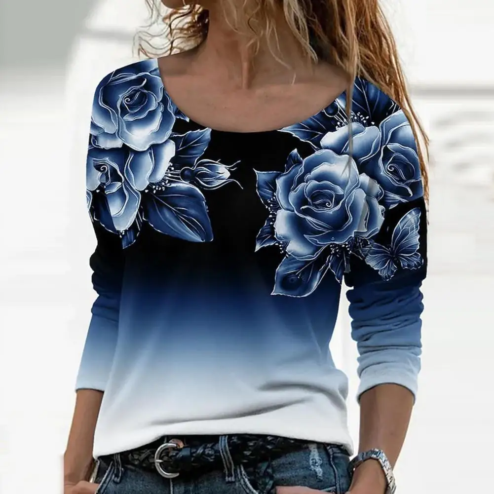 Women Shirt Floral Print Gradient Color Long Sleeve O Neck Women Pullover Top All Match Colorful Spring Blouse Camisa de mujer