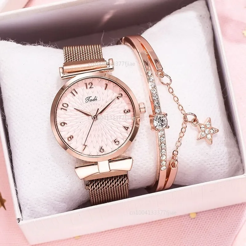 Conjunto de reloj de cuarzo para mujer, pulsera de aleación con correa de malla, a la moda diseño rosa, 2 piezas