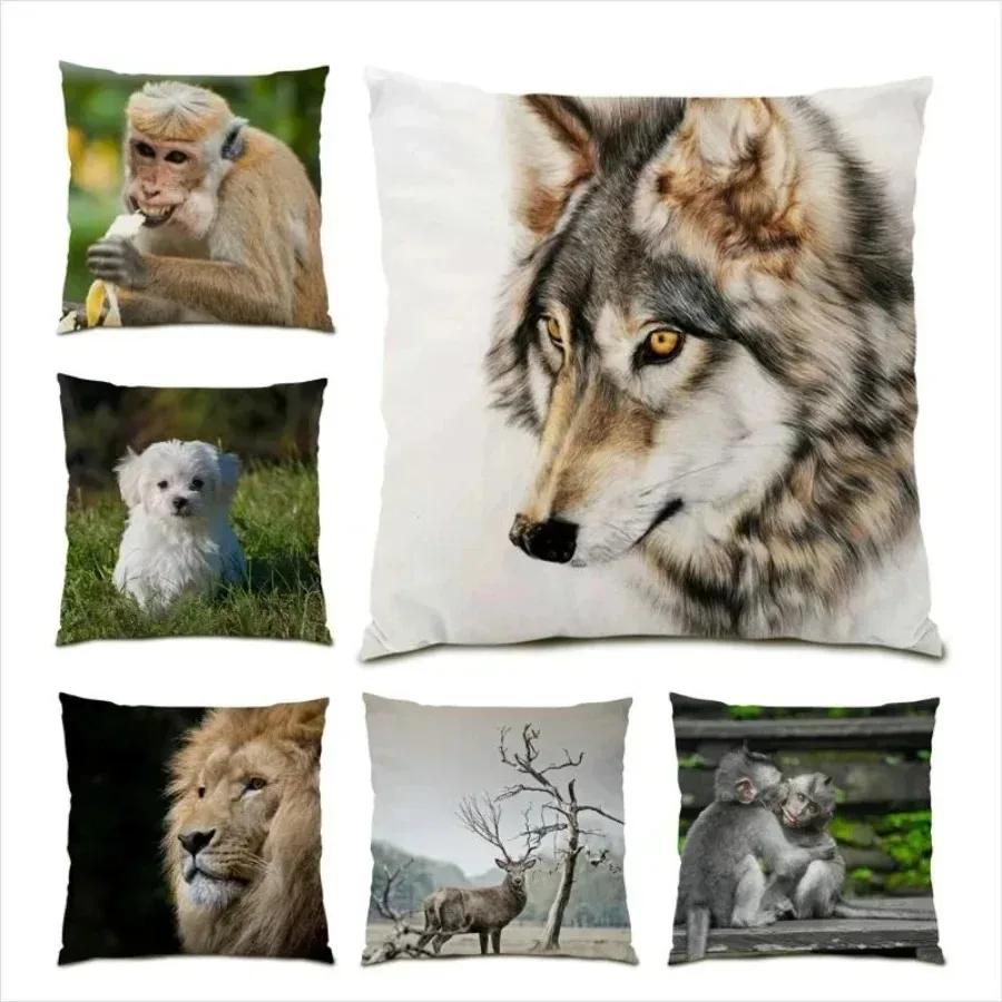 Wild Animal Monkey Lion Wolf Pattern Print Home Sofa Decorative Pillow Cover Office Luxury Cushion Cover
