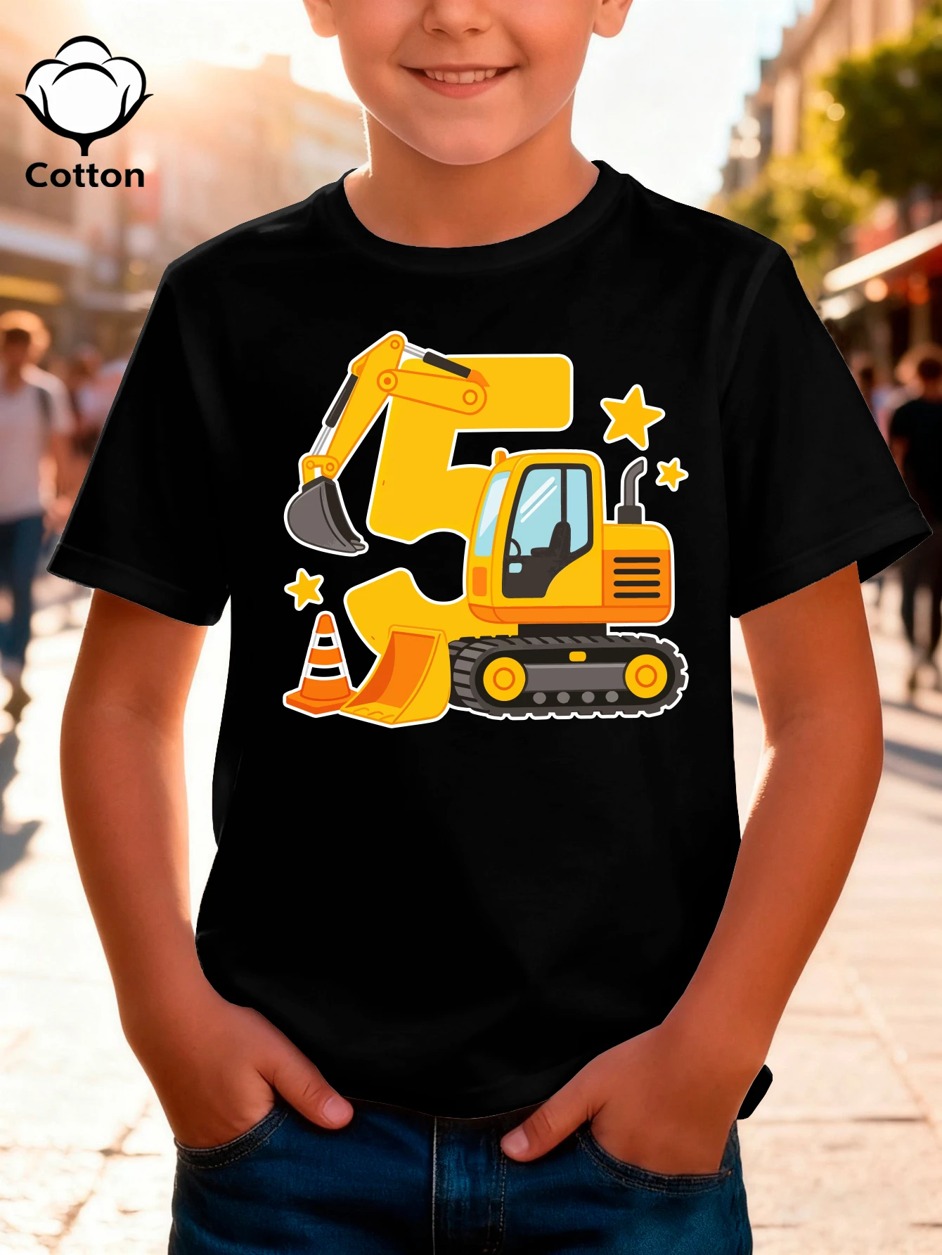 Kids Cream Cotton Tee Number Five Cartoon Excavator Star Traffic Cone Print Crew Neck Short Sleeve Birthday Casual Tops