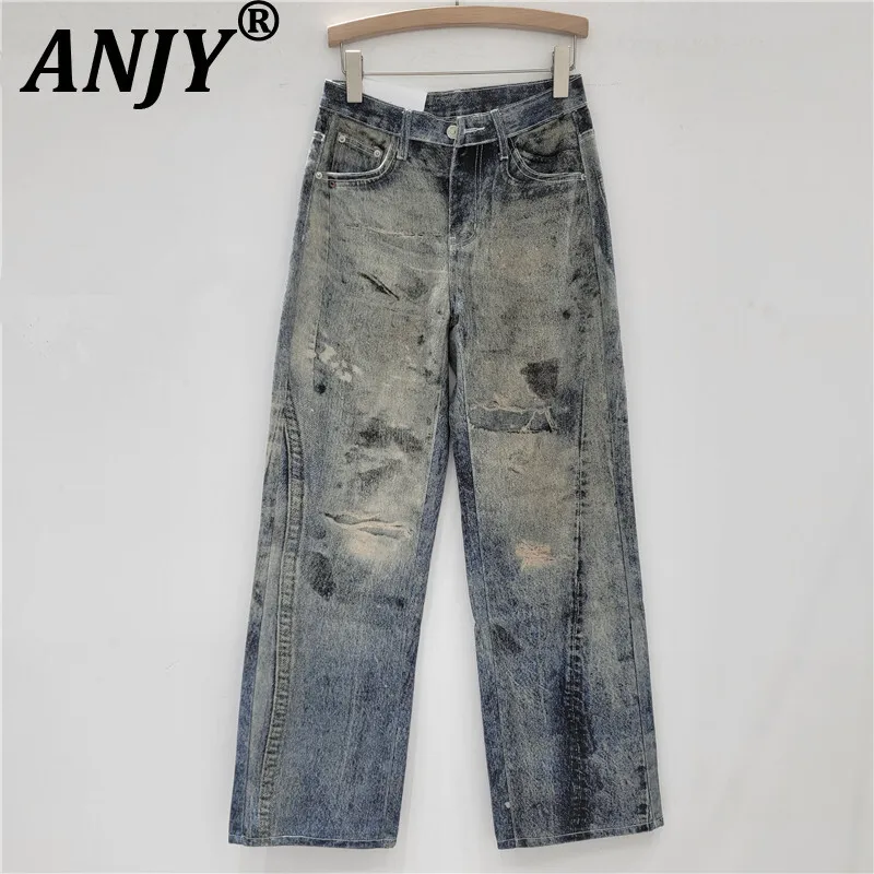 

ANJY Autumn New Women American Retro Distressed Jeans High Street Washed Vintage Chic Straight Casual Denim Wide Leg Pants A8586
