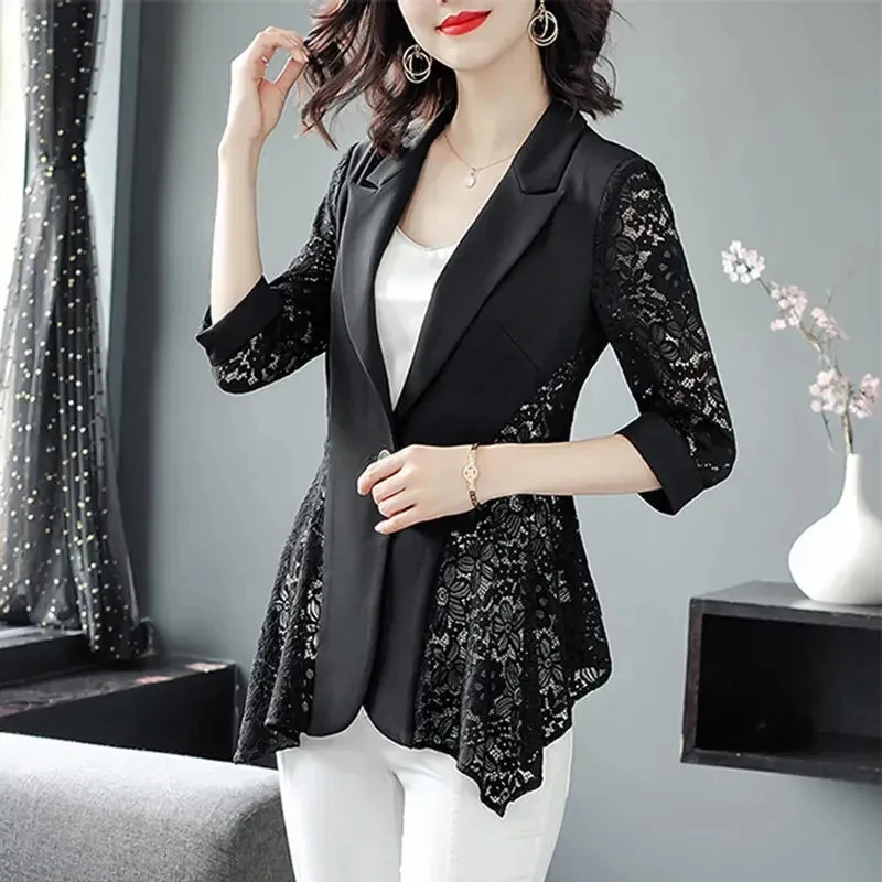 Black Lace Patchwork Fashion Suit Jacket Female 2024 Spring Summer Blazer New Elegant Single Button Thin Coat For Women Clothing