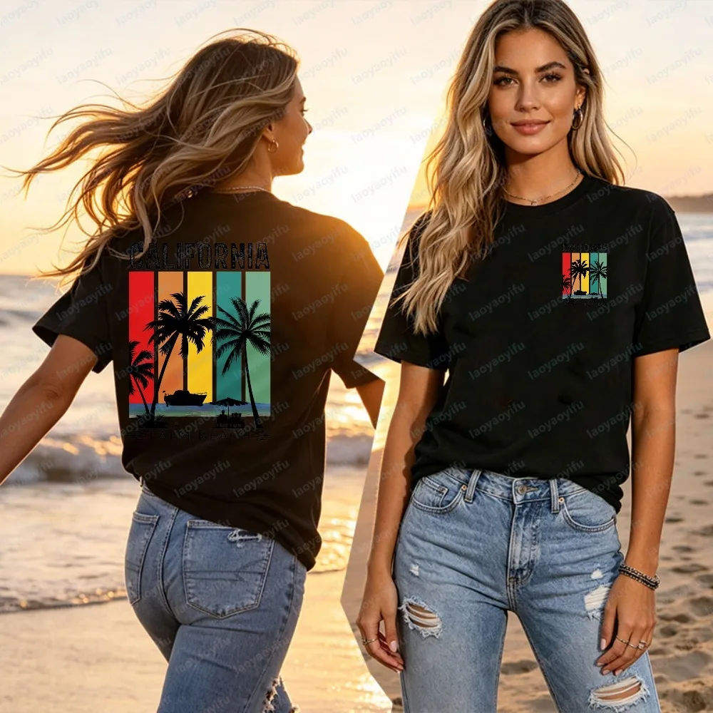 California Palm Beach T-Shirt Women Retro Color Block Palm Tree Graphic Casual Short Sleeve Cotton Tops Summer Vacation Shirts