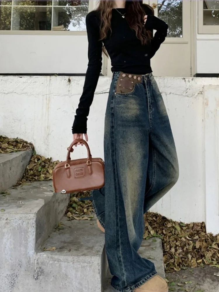 

Vintage Blue High Waist Women Jeans American Fashion Streetwear Wide Leg Jean Female Winter Trouser Straight Baggy Denim Pants