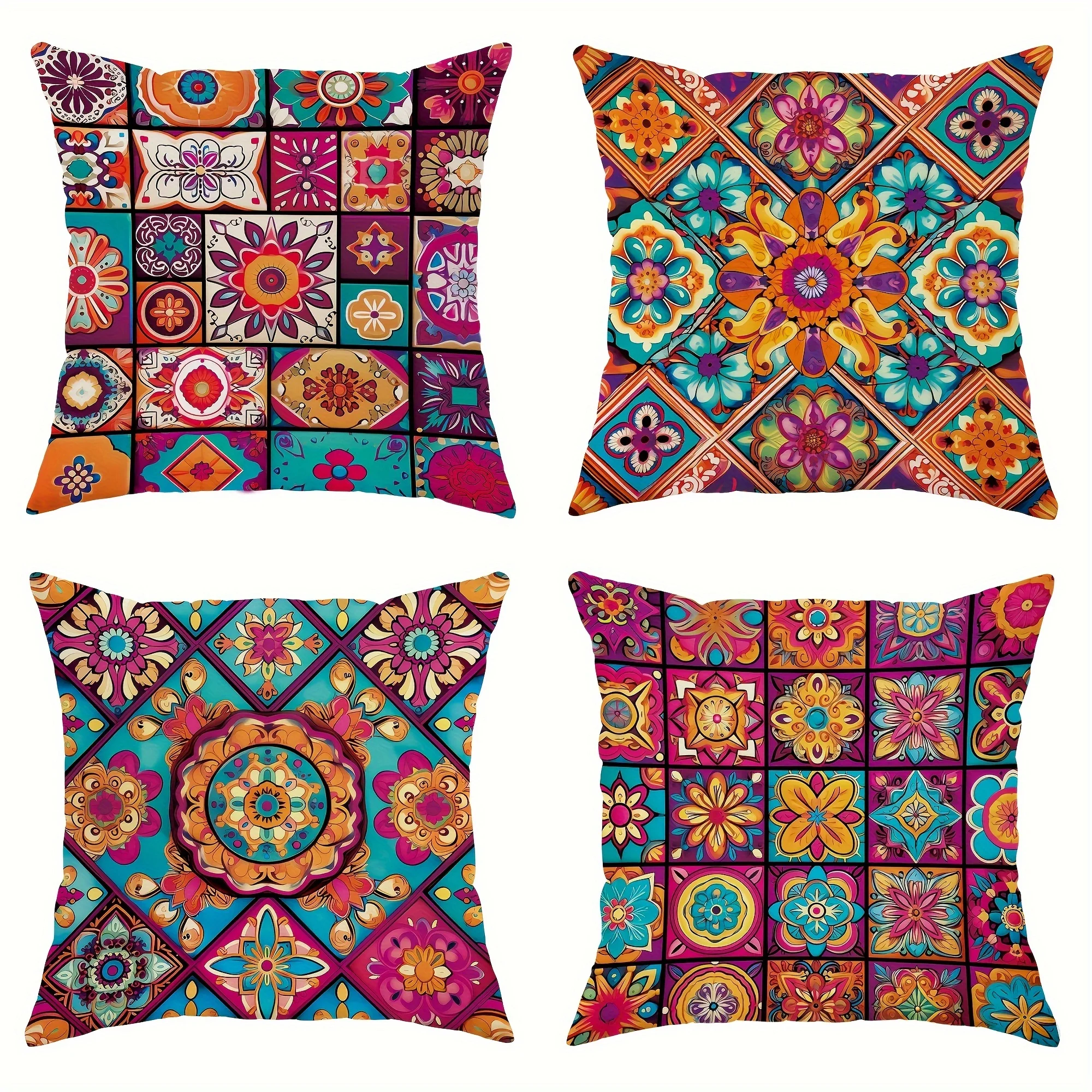 Vibrant Mandala and Checkered Cushion Covers - Bohemian Style Modern and Fashionable Decorative Pillowcases