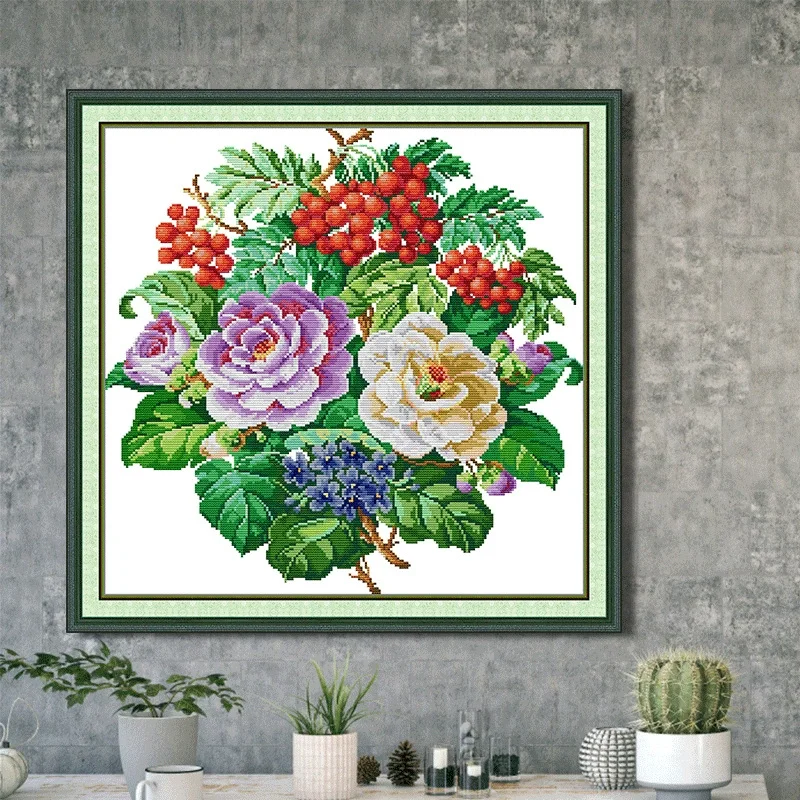 

Berries And Flowers-Soulgift Stamped Pre-Printed Cross Stitch Kits, 9CT/11CT/14CT/16CT Fabric With DMC Threads, Easy To Follow