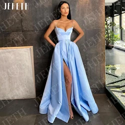 JEHETH Blue Sexy Sweetheart Satin Party Dress Spaghetti Strap High Split A Line Prom Evening Gown Long with Belt vestidos de gal