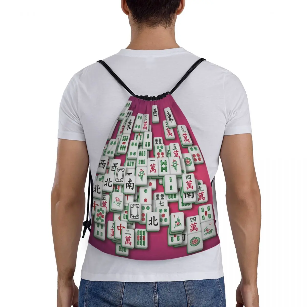 Mahjong Tile Pattern Backpacks Portable Drawstring Bundle Pocket Sports Bag Book Bags for Travel School