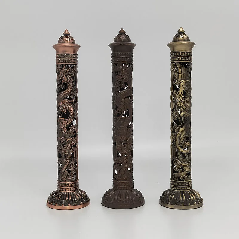 

Pure copper base dragon and phoenix column line incense burner household Buddha hall decoration