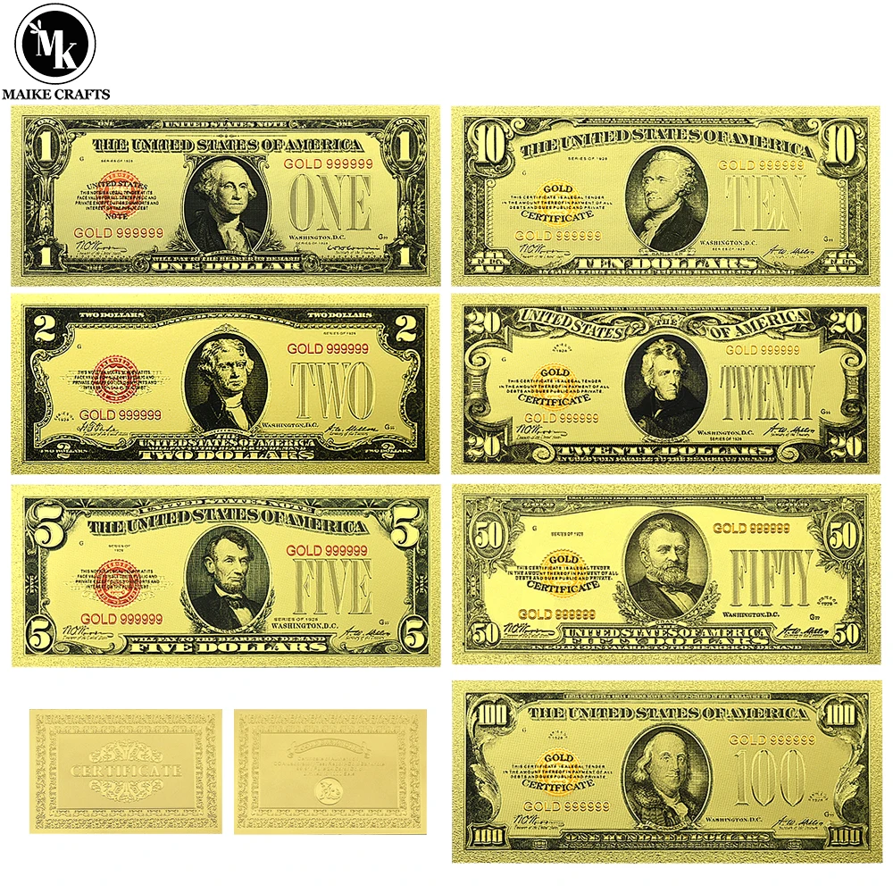 US 1/2/5/10/20/50/100 Gold Foil Banknote America Dollar Banknotes  Collection for Home Decoration Gift