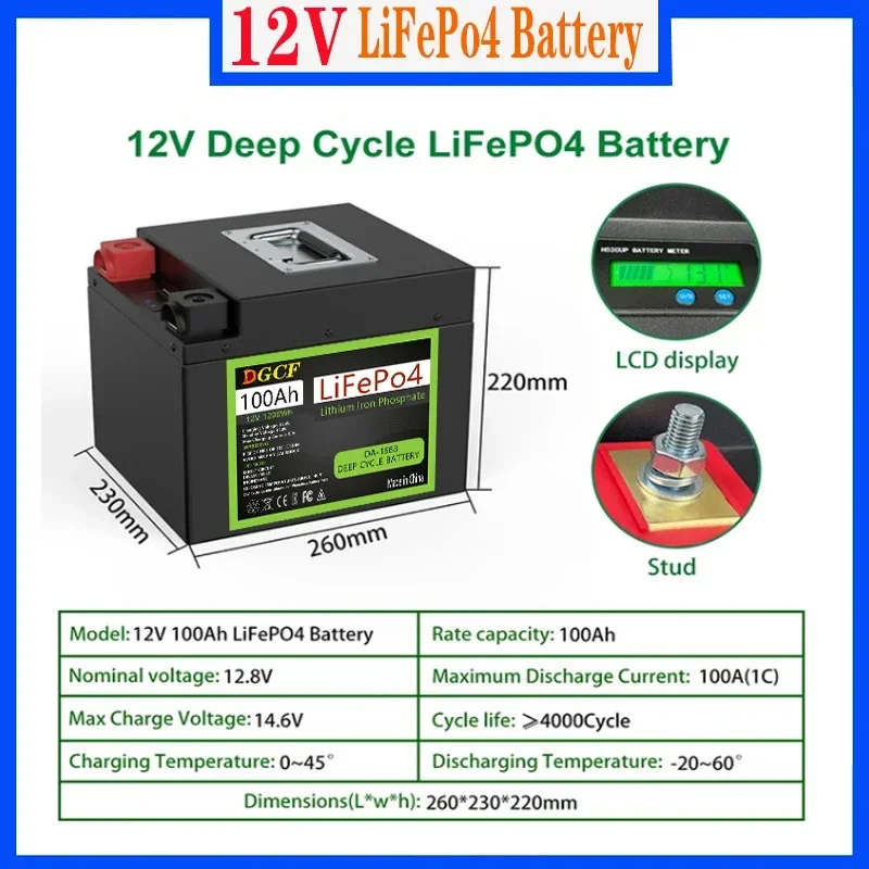 Аккумулятор LiFePO4 12 В, 24 В, 100 Ач, 150 Ач, 200 ач, встроенные BMS литий-железо-фосфатные ячейки для хранения солнечных батарей в гольф-тележке