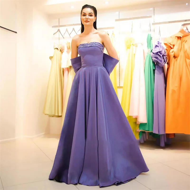 

Elegant A-line Strapless Evening Dress Sequins Back Bow Prom Dress Saudi Arabia Floor-Length Customize Occasion Gown