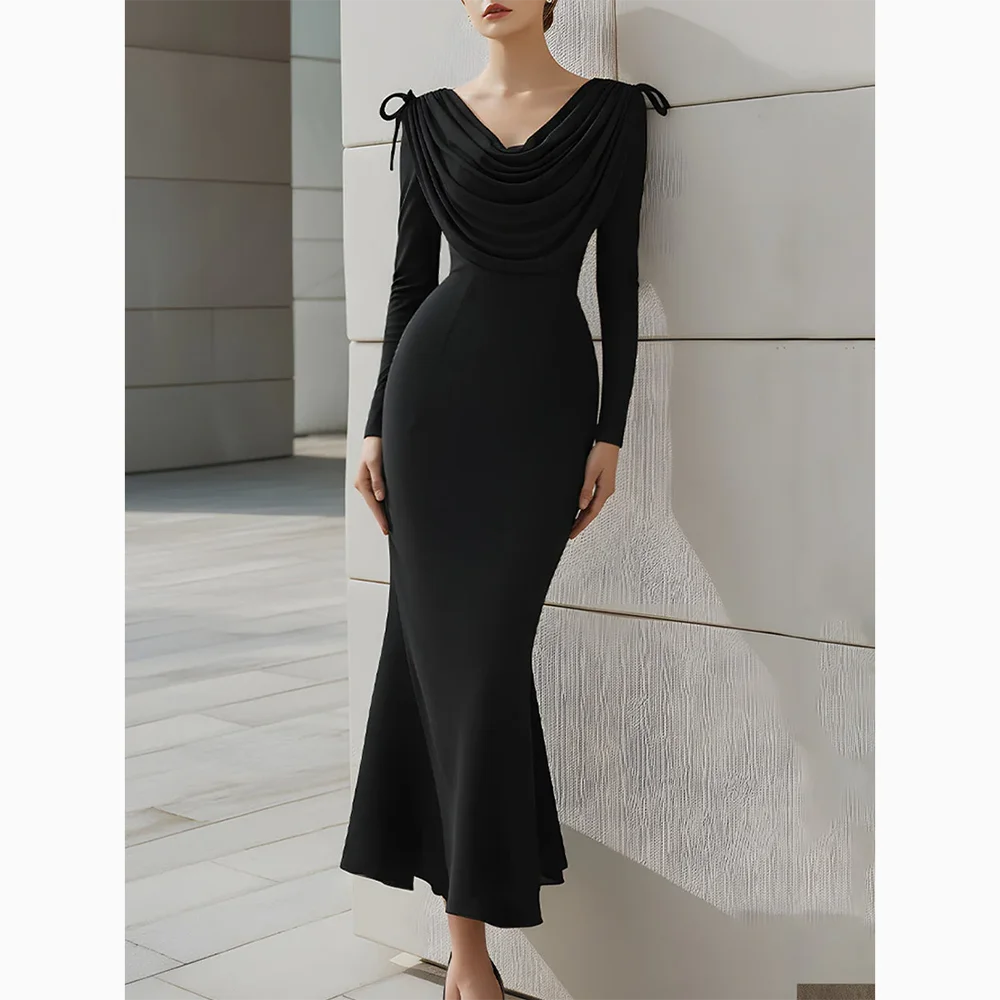 

Customized Luxury Black Long Slevees Evening Dress V-neck Straight Ankle Length Prom Gown Formal Party Dresses