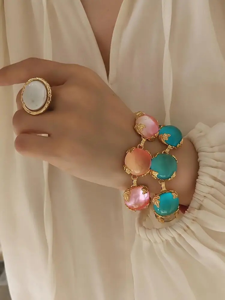 Brass Colorful Chunky Glass Crystal Beads Bracelet Women Men Lover Jewelry Designer T Show Runway Gown INS Japan Korean