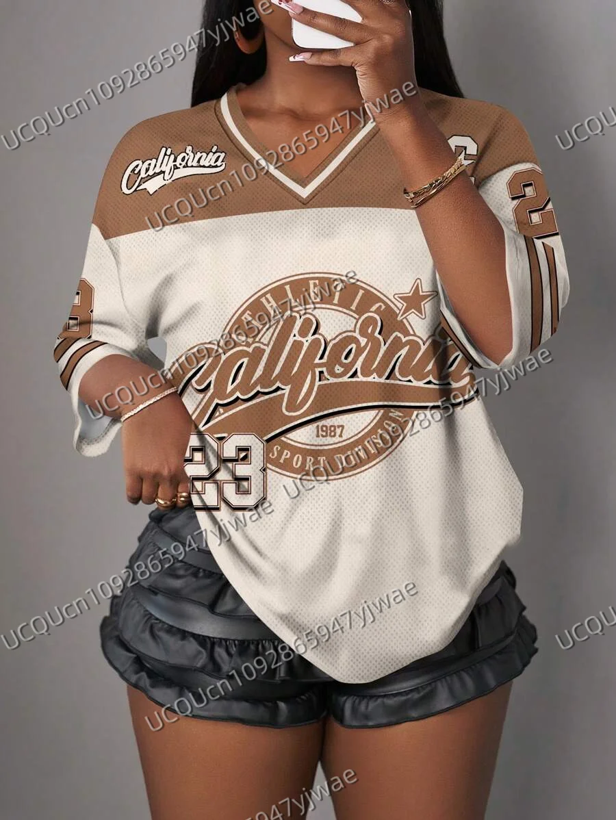 Women's V-Neck Sporty Jersey T-Shirt Casual California Print NO.23 Summer Casual Wear Sports  Mesh T-shirt Tops